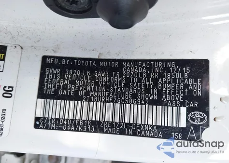 2016 Toyota Corolla Le z USA, uszkodzony, nr VIN 2T1BURHE7GC586942